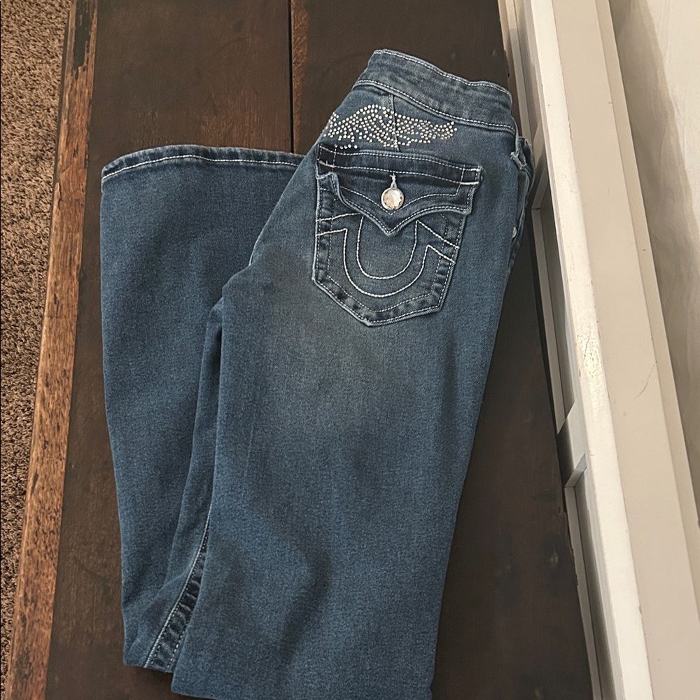 True Religion Women's Blue Denim Bootcut Jeans with Rhinestone Back